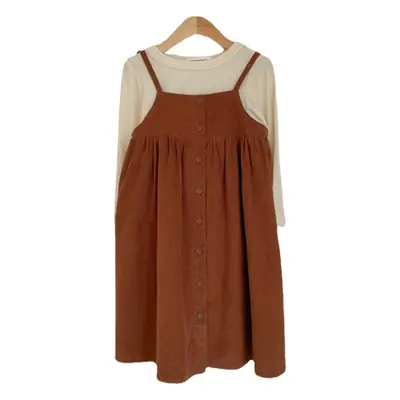 Autumn Winter Corduroy Sling Dress for Girls Brown