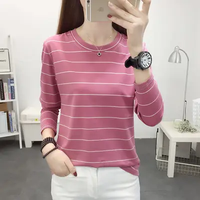 Women Pink Striped Long Sleeve T-Shirt Plus Size