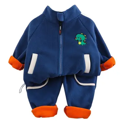 2024 Winter Boys Velvet Zipper Suit Green Cartoon