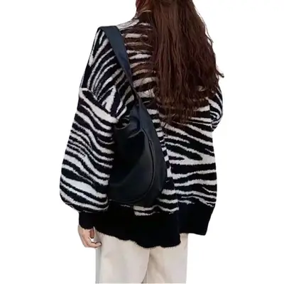 Women Zebra Striped Knitted Cardigan Coat V-Neck