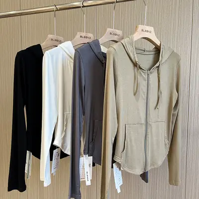 Women Retro Hooded Long Sleeve Zipper T-Shirt