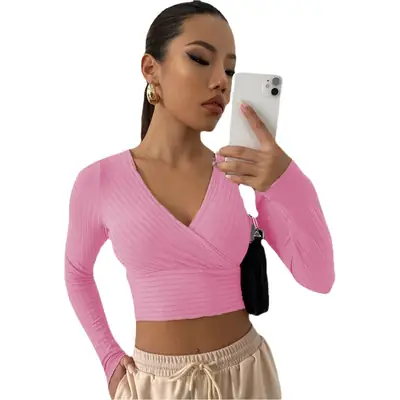 Pink V-Neck Long Sleeve Women's Commuter Top