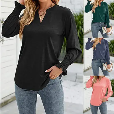 2025 Women's V Neck Pure Color T-Shirt Loose Casual