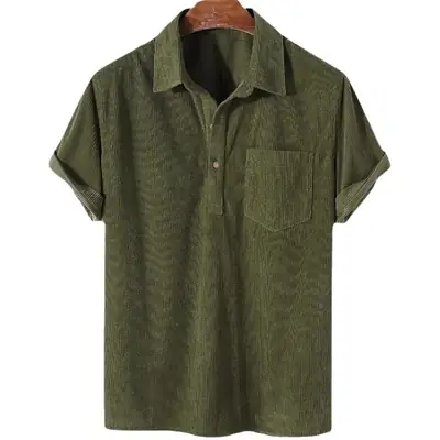 Men's Yellow Cotton Shirts Casual Loose Lapel Door Downlight Corduroy Short-Sleeved