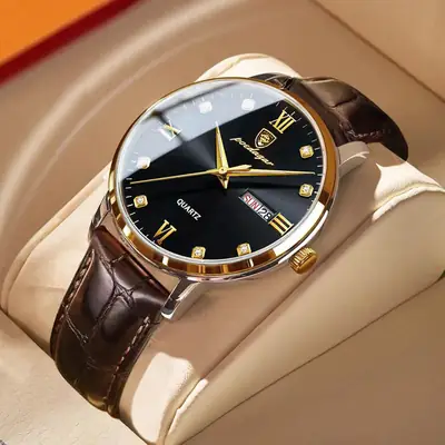 Men's Swiss Watch with Calendar & Brown Leather Band