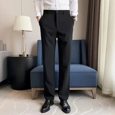 Men Fleece Lined Black Business Pants Stretch Long Waist Belt