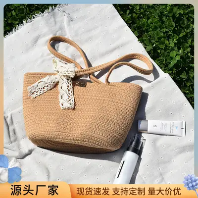 Portable Cotton Shoulder Bag with Lace Trim