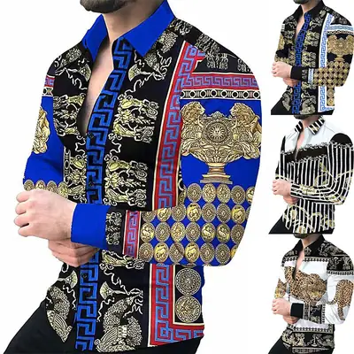 Men Printed Long Sleeve Casual Cardigan Button Holiday Shirt