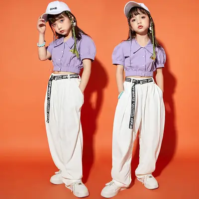 Girls Hip Hop Dance Suit Purple White Loose Fit