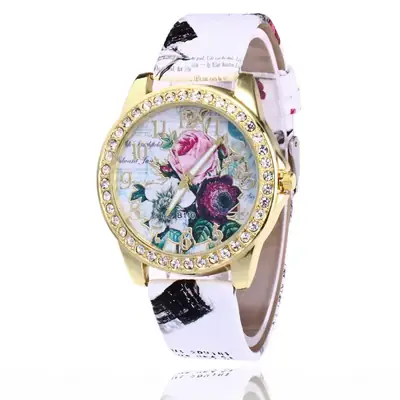 Women's Rose Pattern Quartz Watch with Rhinestone Belt