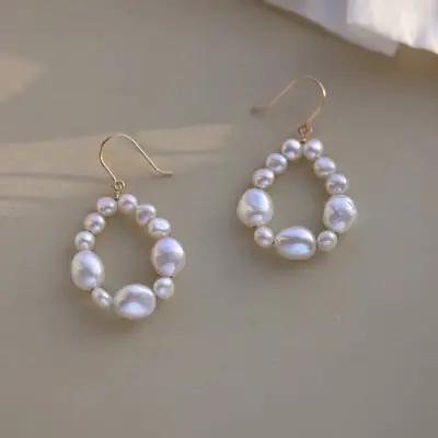 Freshwater Special Pearl French Gentle Baroque Natural Pearl Earrings 14K Gold