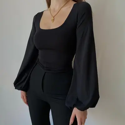 Black Long Sleeve U-Neck T-Shirt for Women