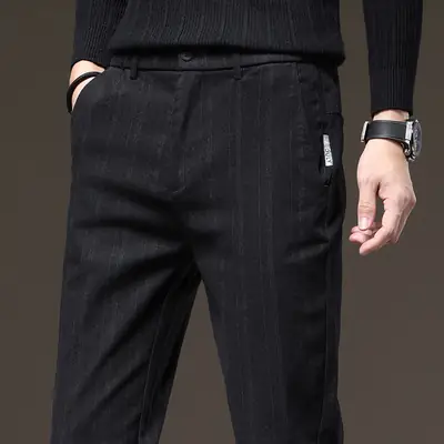 Men's Black Striped Tapered Pants Spring Autumn Loose Fit