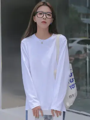 Pure White Cotton Shirt Women Loose Round Neck Long Sleeve