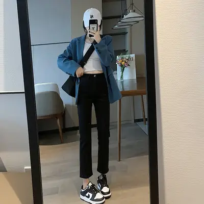 Black Straight-leg Jeans Women's New Cyber Celebrity High Waist Elastic Slim-fit Shorty Fall/Winter Ankle-cut Pants