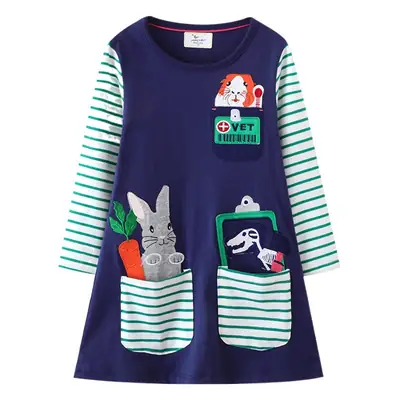 Girls Cartoon Long Sleeve Knitted Cotton Dress Navy Blue 2025
