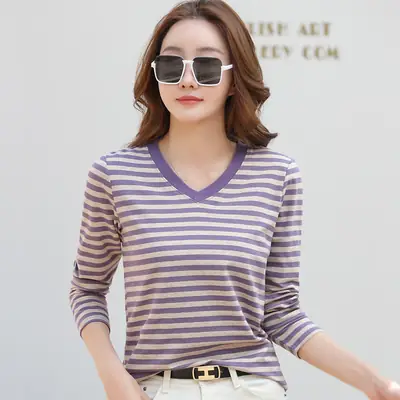 Women Striped Long Sleeve V Neck T-Shirt Yellow Orange