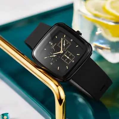 Women's Square Watch Black Silicone Waterproof Large Dial