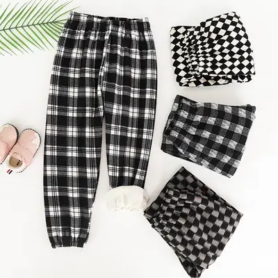 Children's Plaid Loose Leg Trousers Autumn Winter Warm Casual