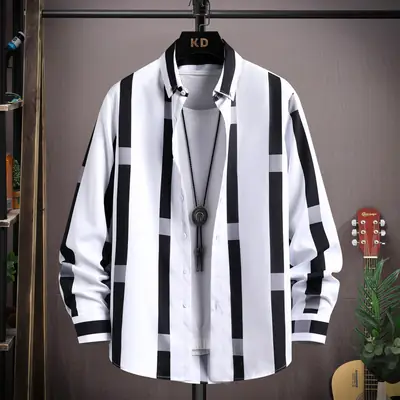 Men's Black White Striped Long Sleeve Shirt with Necklace