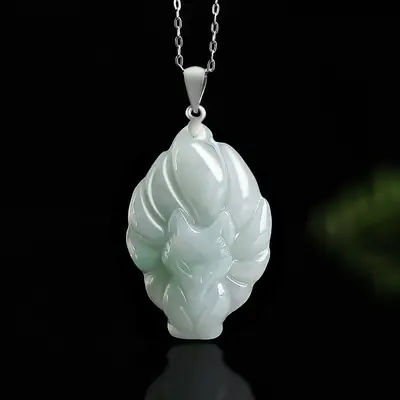 Natural Jade Nine-Tailed Fox Pendant S925 Silver