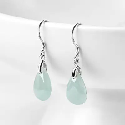 S925 Silver Jade Water Drop Earrings Ice Green