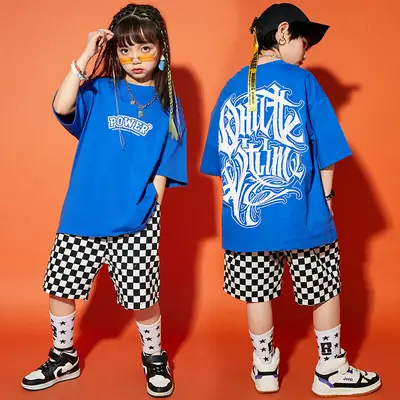 Hip Hop Boys Shorts Set Blue Checkered Performance Suit