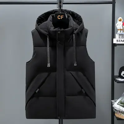 Men's Black Graphic Hooded Vest Large Down Cotton