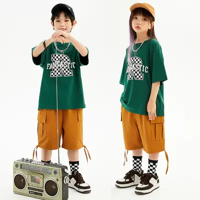 Hip-hop Kids Performance Suit Green Brown Shorts Set