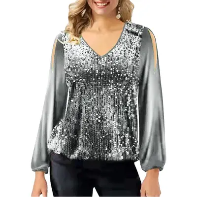 2022 V-Neck Sequin Off-Shoulder T-Shirt Women