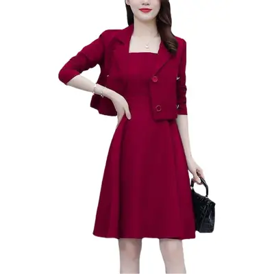 Women Two-Piece Suit Maroon Slim Dress with Suspender Skirt