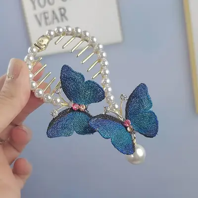 Butterfly Hair Clip with Rhinestone & Pearl Design