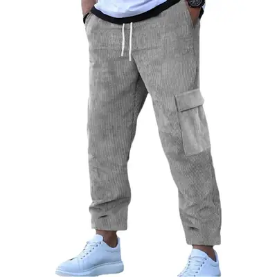 Men's Black Corduroy Loose Straight Sports Pants Multi Pocket