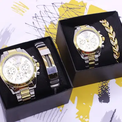 Couples Wristwatch Set Gold Silver Watch Box