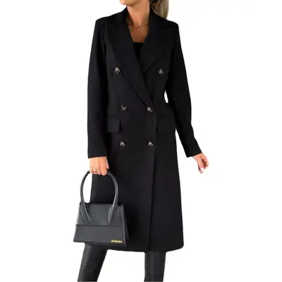 Women's Long Sleeve Lapel Coat Black Double Breasted Slim Fit