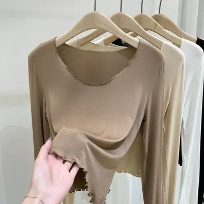 Women's Long Sleeve T-Shirt Solid Beige 2023