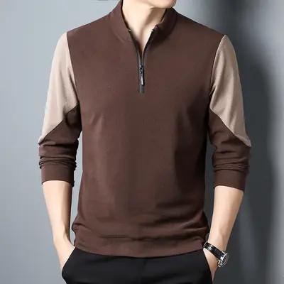 Men's Black Velvet T-Shirt with Half Zipper & Stand Collar
