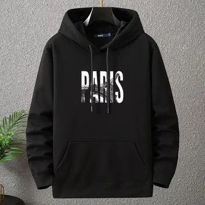 Men Fleece Hoodie Paris Print Grey Plus Size