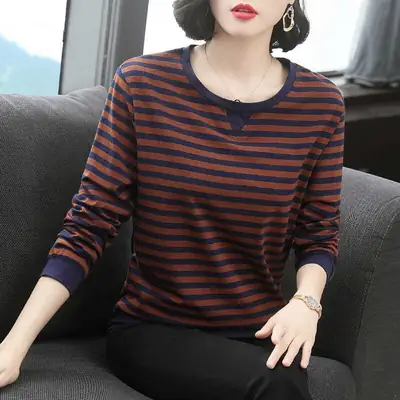 Women Long Sleeve Striped T-Shirt White Black Medium