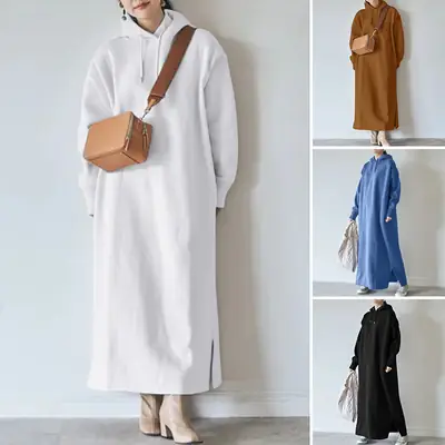 Fleece Hooded Sweater Plus Size Long Dress Brown
