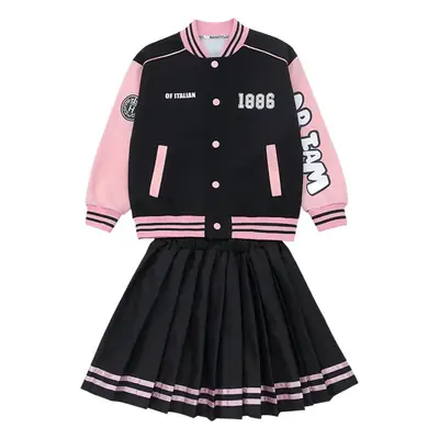Girls Baseball Jacket Skirt Set Color Block Button Down