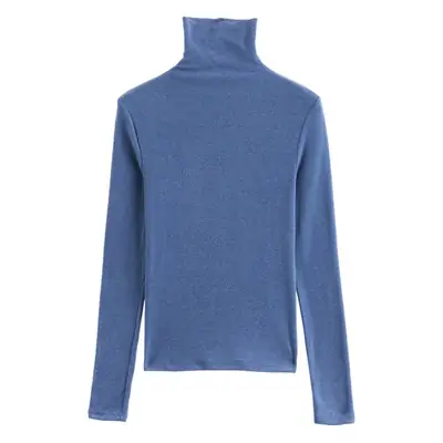 Women Blue Velvet Turtleneck Shirt Autumn Winter