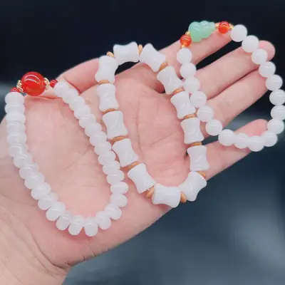 Xinjiang Golden Silk White Jade Round Bead Bracelet