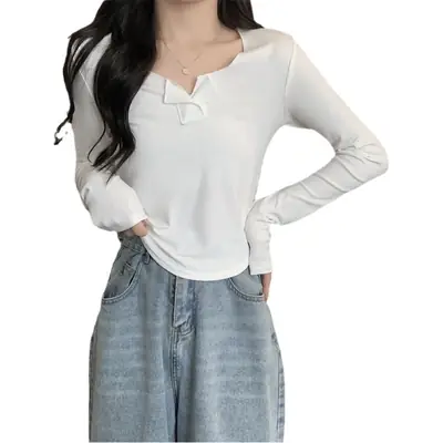 Women Black V-Neck Long Sleeve T-Shirt 2025