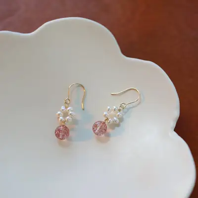 Natural Ice Penetrant Pearl Crystal Earrings Gold 14K