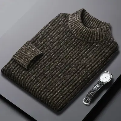 Men's Black Knitted Half-Turtleneck Sweater Winter Warm