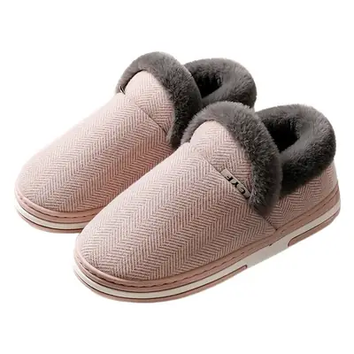 Grey Herringbone Wool Furry Slippers for Men Women Winter Warm