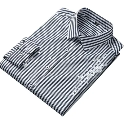 Men's Blue Striped Long Sleeve Shirt Elastic Anti-Wrinkle