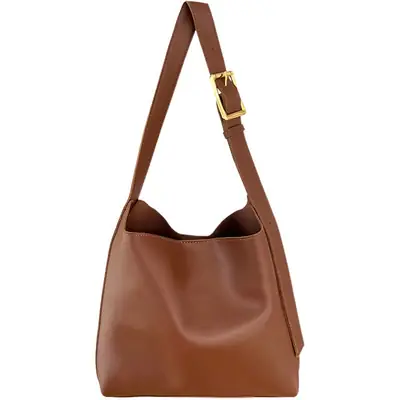 Women Large Capacity Bag Brown Leather Bucket Shoulder Crossbody