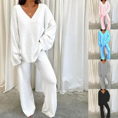 2022 V-neck Casual Two-Piece Winter Suit Grey